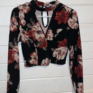 floral, cropped top, long sleeve shirt